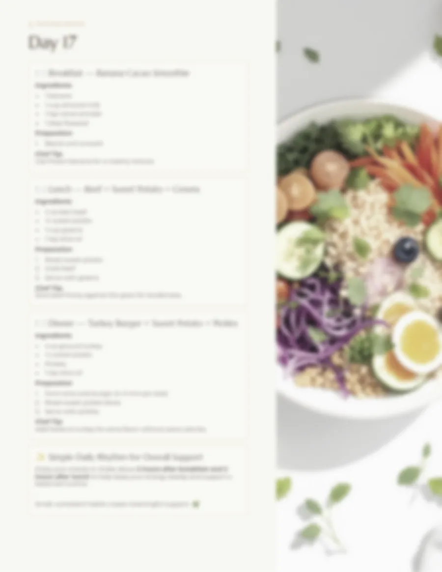 Vista previa difuminada de un plan diario con recetas de desayuno, almuerzo y cena